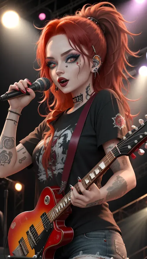 Young metal woman, cute face, tattoos, straight red hair, messy eyeshadow, band tshirt, singing, piercings, holding microphone, metal concert in the background, beutiful eyes, highly detailed eyes, view from crowd perspective,