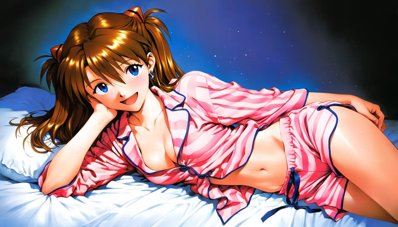 Source_anime,
Ultra-detailed,absurdres,light particles,light rays,realistic,very aesthetic,masterpiece,best quality,score_9,score_8,score_7,newest,highres,year
1 girl,asuka(evangelion),brown hair,long hair,two side up,blue eyes,
medium breasts, wearing cute striped pajama, lying on her side, hair spread on the pillow, one arm supporting head, on a queen-size bed, pajama top unbuttoned, collarbone and chest partially visible, feminine frame, adolescent body, puffy chest, flat stomach, muscles,