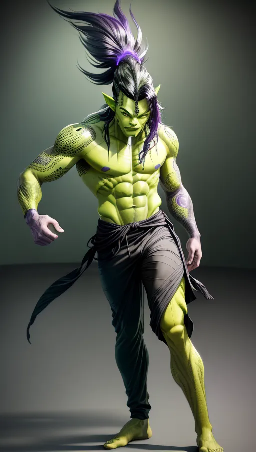 Muscular male, (((green skin))), black tribal tattoos, long black hair, purple eyes, cheerful, gray shirt, gray pants, futuristic clothing, alien, sfw
Fullbody view, masterpiece, absurdres, ((((solo focus)))), 8k, perfect edges, ultra realistic, perfect anatomy, low light, perfect face, fine details, realistic shaded, realistic body, photoshoot, male
<lora:dpmg_add_detail:1>