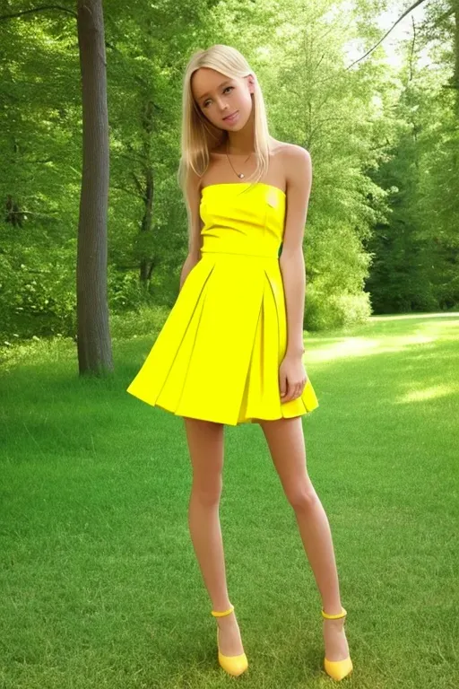 Dopamine Girl Girl Blonde Hair Skinny Waist Flat Breast Short Short Yellow Dress Upskirt 