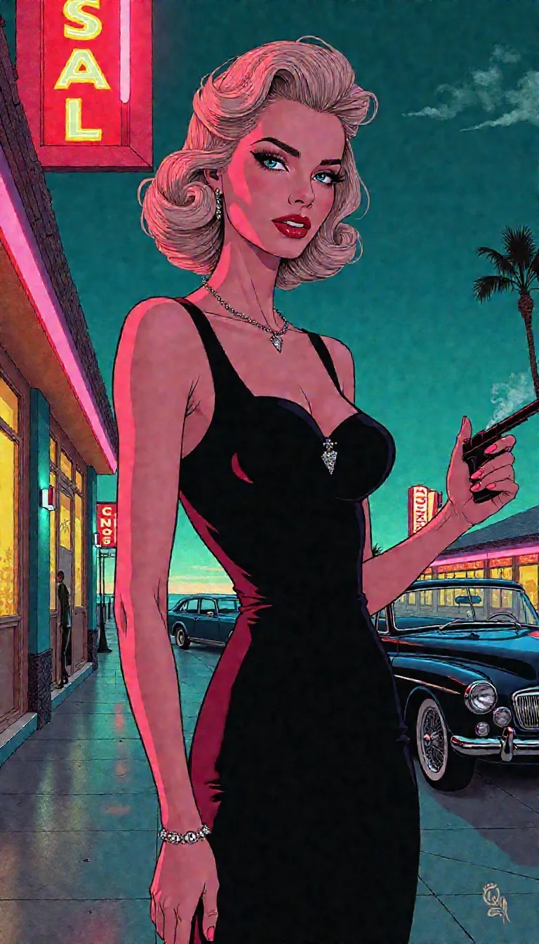 Tiffany Case, platinum blonde ambition, cold American elegance, 1950s diamond smuggler aesthetic, sharp glamour, underworld confidence, tailored noir fashion, cigarette-drenched lighting, calculated femininity, Las Vegas menace
stylized graphic novel illustration, bold ink linework, sharp cheekbone shading, sleek feminine silhouette with athletic build, platinum ash-blonde hair in a high-volume set, slim facial features with piercing blue eyes, minimal expression with a guarded gaze, confident cigarette-holding posture, fitted noir attire without exaggeration, diamond accents drawn with fine detailing, strong contrast lighting across high-contrast black and gray palette, crosshatched skin tone for realism, expressive ink lighting to emphasize facial tension,
dimly lit Las Vegas casino entrance at night, neon glow leaking across marble tile, 1950s cars parked under red signage haze, velvet roped lounge areas buzzing in soft blur, ambient tension in the air like a loaded gun under a silk dress, indoors but feels wide open and dangerous, angular shadows stretch from every gold fixture, decor screams expense and desperation in equal measure,
quiet distrust in every corner, precision elegance over warmth, cold dominance over charm, betrayal waiting under spotlight halos, an atmosphere soaked in unspoken danger, dramatic stillness despite luxury, noir world filtered through lipstick and smoke, every detail feels like a deal about to go bad,
She wore diamonds like regrets and walked like she’d never trust anyone again,
light cigarette smoke trails across foreground, diamond shimmer reflection under her wrist, posture pulled taut like a bluff held too long, she’s not smiling and you shouldn't either