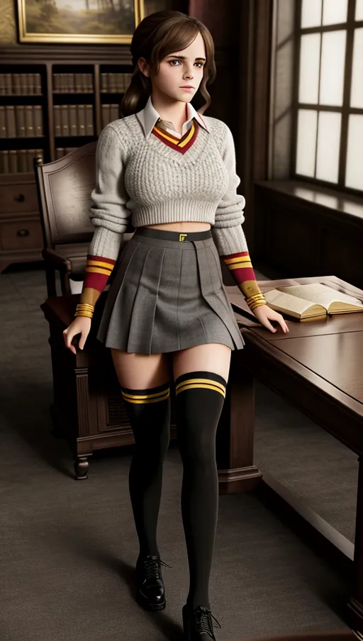 dpmg_emma_watson_v1, a concept art of Emma Watson as Hermione Granger wearing Gryffindor uniform sitting in a Hogwarts classroom medium breasts,five fingers per hand,beautiful face,beautiful lips,black eyes,curved eyebrows,curved eyelid,pale skin,romantic,ultra realistic,sharp focus,pixiv,artstation,highly detailed, black thigh high socks dark gray mini skirt Dark grey sweater Red tie with yellow diagonal stripes inside sweater white tennis shoes white panties thighs apart to show white panties upskirt lifting skirt up panties knees bent