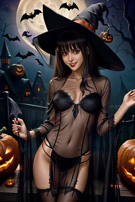 Closeup professional canon dslr 85mm lense close up photo of a gorgeous 20 year old skinny thin svelte brunette girl, sexually provocative smile,(((sheer sexy see-through gossamer revealing witch costume))), showing anatomically correct medium natural breasts, showing natural pubic hair, showing pussy, sexually aroused, (sexually excited), ((looking at me), (looking into camera), nighttime, ((Halloween party scene)), pumpkins, bats, full moon, werewolf, vampire,