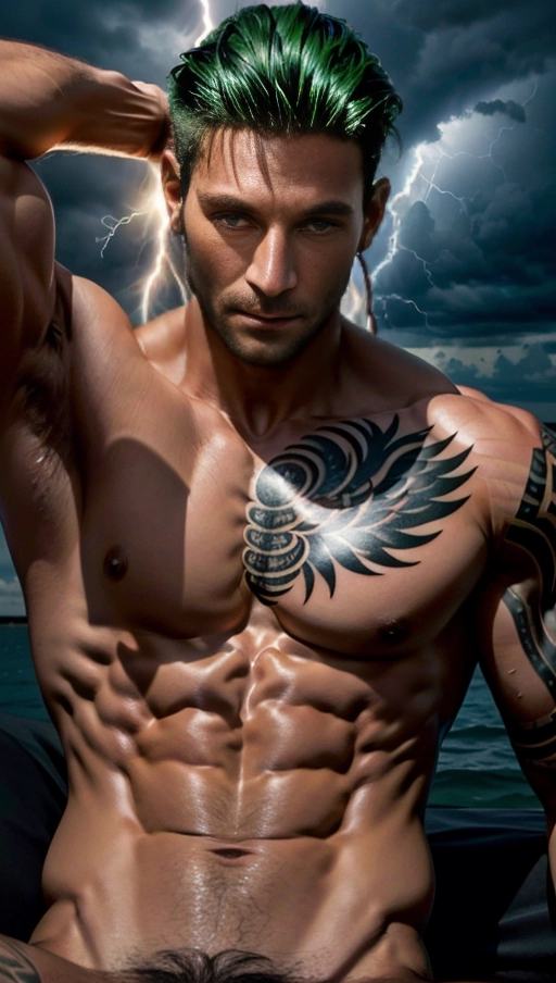 (seducer, Ultra-realistic photograph of a young man with a dynamic expression, models hair is green, with green highlights, ((models physique is masculine body builder)), captured with a Fujifilm GFX 100 and a 110mm F2 lens. Photo realism, balanced studio lighting, capturing the drama and emotion in his intense gaze. Taken far from urban distractions, against the backdrop of a stormy sky with distant lightning, sunlight beam shining through clouds towards model. The intensity of his gaze mirrored in the brooding storm clouds with distant lightning. 64K resolution, HDR, highly detailed, RTX, cinematic lighting, SDXL 6.0, sitting seductively, slightly smiling, with perfectly tanned skin tone, body builder physique, intricate erotic poses, ((hands maximum quality)), ((hands and fingers ultra perfect)), ((ultra perfect anatomy)), ((maximum quality)), ((maximum anatomy quality)), wearing masculine gear, nude with tattoos and body piercings, tattoos around the chest, tattoos around the ribs, tattoos around the shoulders, tattoos around the collar bone)