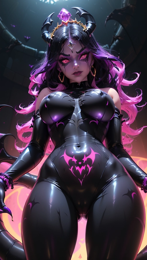 best quality, (((ultra high res))), (((detailed face and eyes))), (perfect face), (big shining heart choker), earrings, jewelry, (((big glowing succubus mark))), ((((big glowing succubus bodymark)))), (conjuring), witch, ((very long voluminous hair)), (((black gloves))), (((black hair))), (((symbiote goo hair))), (((golden bracelet))), (((huge golden hair cuff))), (((black skintight neckholder))), ((face closeup)), lipstick, (((((black demon tail))))), ((black long sleeves)), ((purple glowing heart)), (((demon mark))), heart on womb, (((((bright purple glowing skin tone))))), (((straight black hair))), ((purple glowing clothes)), ((purple luminescent)), ((((purple luminescent skin tone)))), (((purple skin))), (((huge cameltoe))), ((((purple goo everywhere)))), (((symbiote girl))), ((((symbiote goo suit)))), ((goo tail)), (((succubus masquerade))), ((very very long hair)), ((glowing eyes)), ((Kylie Jenner)), ((symbiote goo body)), (((dark diamond crown))), (((pov from below))), (((pink diadem))), (((vampire)))