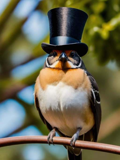a super fat bird standing on a powerline squawking, obese, wearing a top hat, squawk,