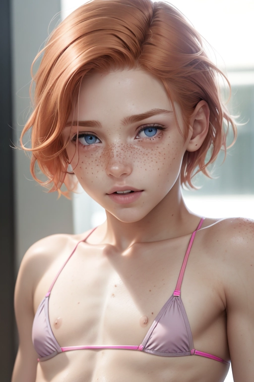 photorealistic, 8k, accurate face, (((detailed face))), (((replicate inspiration face))), blue grey eyes, short boyish ginger hair, light eyebrows, freckles, male body, (female face), trans, (wearing pink micro bikini), bulge in panties, long shot, body shot