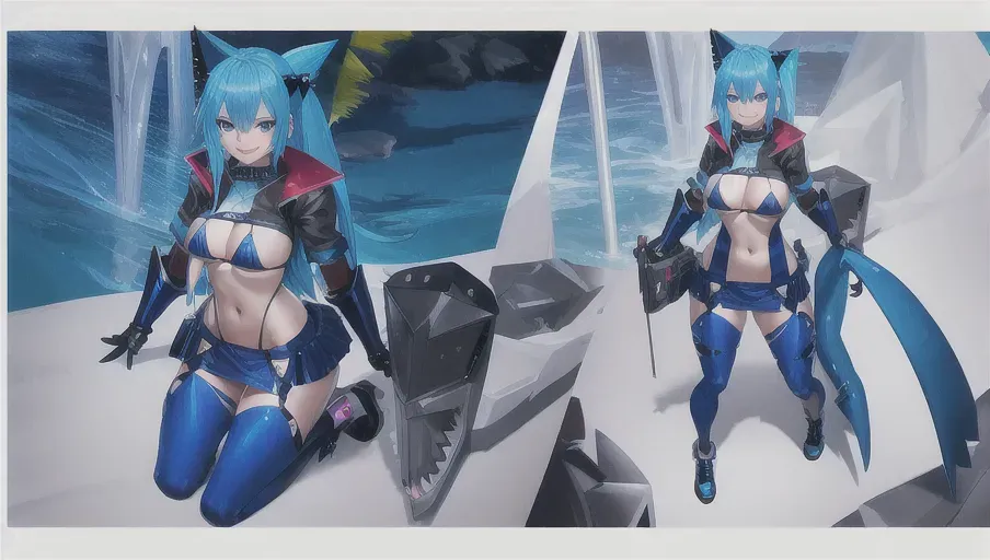 Shark Girl, Blue Skin, Sharp Teeth, Aggresive, Blue Hair, Human Face, Full Body, Bikini, Shark Tail, Smile, Handjob
