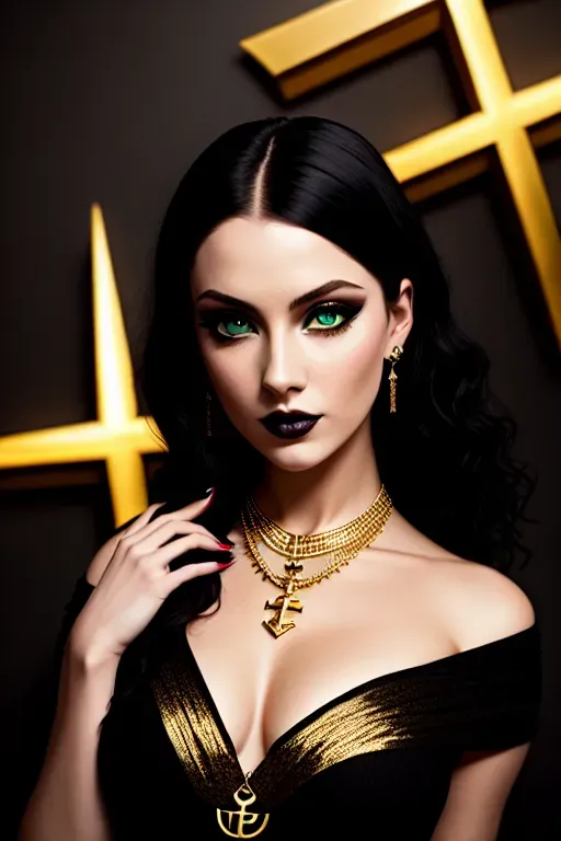 a vibrant professional studio portrait photography of a young, pale, goth, attractive, friendly, casual, delightful, intricate, gorgeous, female, piercing green eyes, wears a gold ankh necklace, femme fatale, nouveau, curated collection, annie leibovitz, nikon, award winning, breathtaking, groundbreaking, superb, outstanding, lensculture portrait awards, photoshopped, dramatic lighting, 8 k, hi res