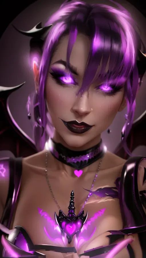 perfect boobs, perfect body, 20, air kiss, seductive, latex, leather, succubus, charming, magic force, corrupted, corruption, demon wings, demon tail, nude, heart choker, heart necklace, purple glowing, purple heart nipple patches, heart, black hair