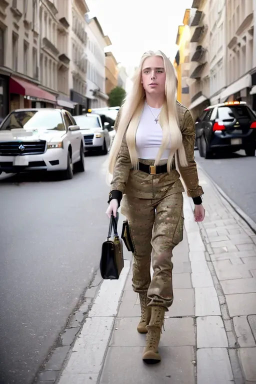 ((white girl)), ((long blond hair)), 8k, high Quality , ((on the street)), Full body, ((sexy Military outfit)), ((walking on the street))