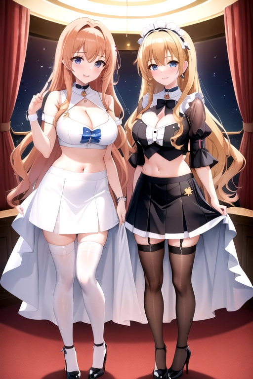 2 girls, long hair, pale skin, strawberry blonde hair, brown hair, blue eyes, brown eyes, black choker, giant H-cup breasts, wavy hair, smiling, full body photo, 28 years old, miniskirt, cleavage, high heels, 8k quality, in bedroom, crop top, minidress