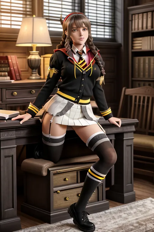 dpmg_Lexi_Fenton_Newhmon_v1, a concept art of Lexi Fenton Newhmon as Hermione Granger wearing Gryffindor uniform sitting in a Hogwarts classroom medium breasts,five fingers per hand,beautiful face,beautiful lips,black eyes,curved eyebrows,curved eyelid,pale skin,romantic,ultra realistic,sharp focus,pixiv,artstation,highly detailed, black thigh high socks dark gray mini skirt Dark grey sweater Red tie with yellow diagonal stripes inside sweater white tennis shoes white panties thighs apart to show white panties upskirt lifting skirt up panties knees bent