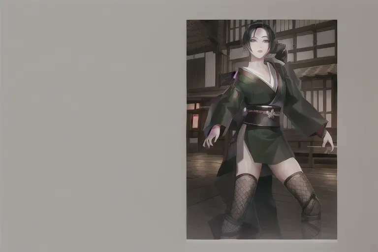1girl , feudal japan , edo period , night , japanese , highres , short hair, dark hair, black hair, green eyes , almond shaped eyes , thin lips , parted lips, solo, ((masterpiece)),photo referenced::5, pale skin, tenchu, kunoichi, professional, ultra high res, kuugire, stealth, soft feminine facial features, button nose, 25 years old, seductive look, arrogant look, sinister look, detailed face, detailed eyes, dark kimono, feet, foot, toes, toe, underwear, panties,