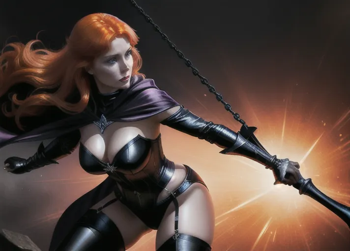 Sweet bright cheerful beautiful elegant auburn haired in a low hanging bun wide sparkling sapphire eyed Queen Anna of Arendelle in black sexy leather and satin attire with a large hooded full length cape obscuring her features in deep shadows lashes out with a raided leather whip against a strapped-up prisoner.
horror
