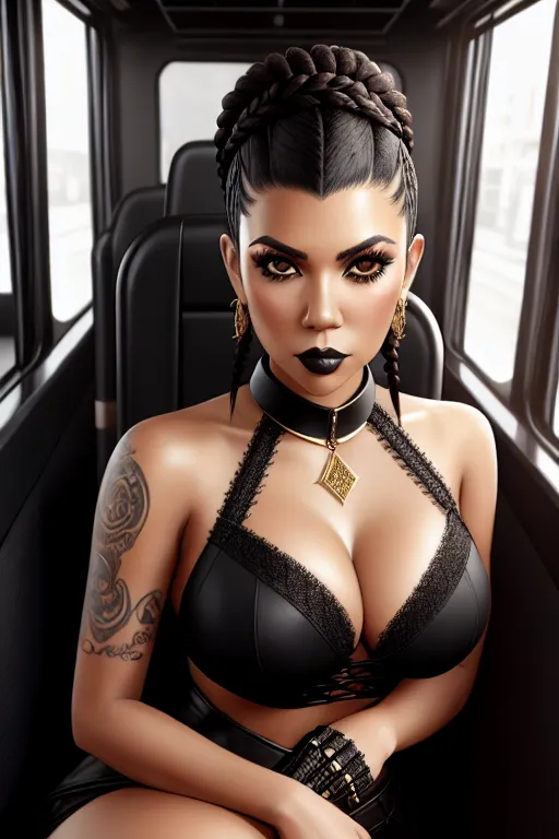 a color pencil draw of,kourtney kardashian,wearing goth clothing,sitting,in the bus,amazing breasts,five fingers per hand,braids hair,gorgeous face,beautiful lips,brown eyes,curved eyebrows,textured skin,romantic,wearing golden ring,sharp focus,studio lighting,artstation,cgsociety,smooth