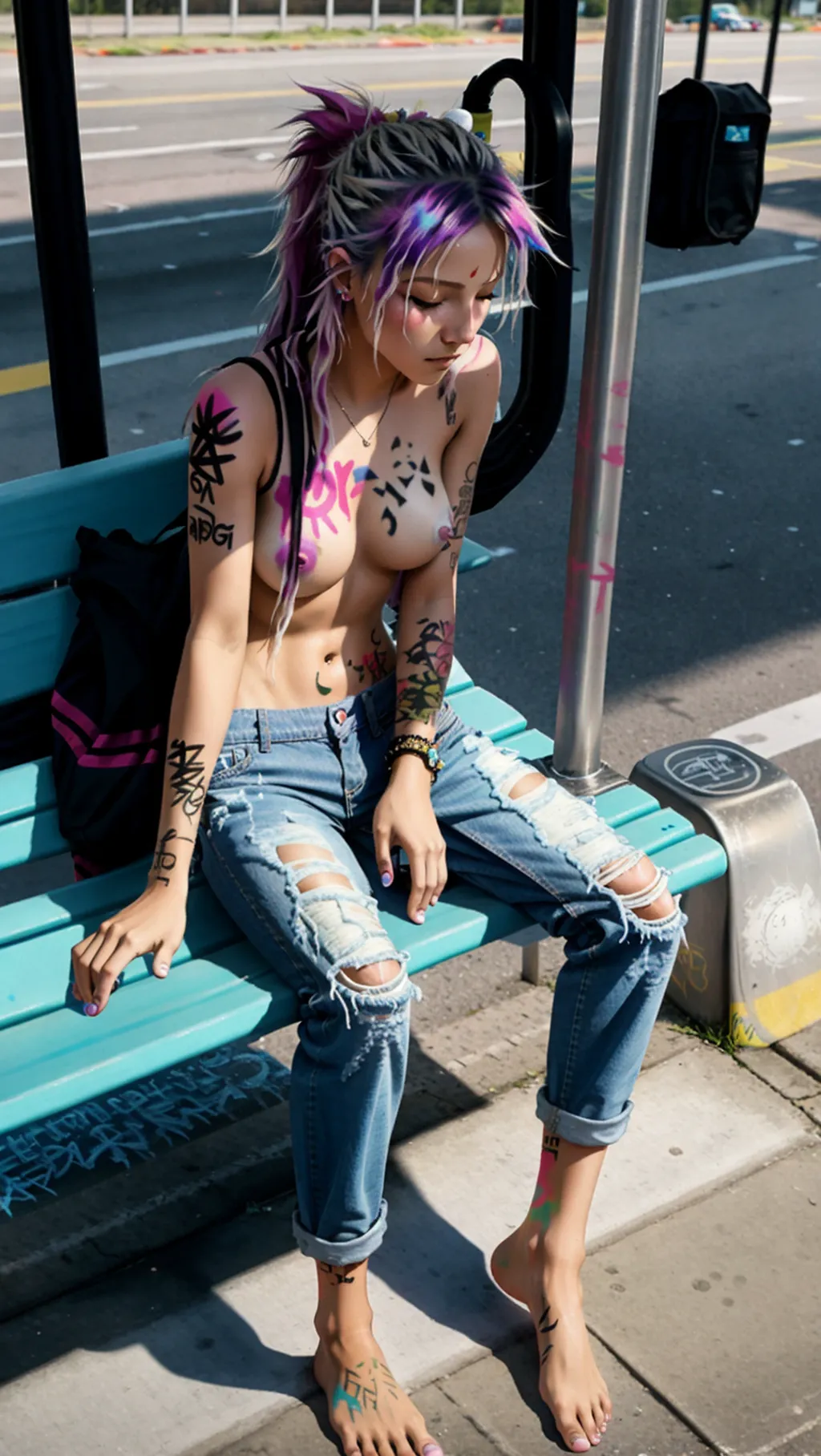 full-body image of a fit toned hot topless barefoot punk girl with long hair wearing baggy jeans while sitting asleep at a public bus stop bench with graffiti paint on her breasts and spray paint on her feet, sexy feet, topless, barefoot, spray paint on feet, closed eyes,