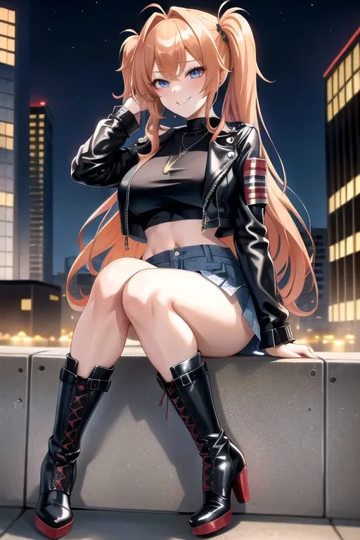 full body, strawberry blonde hair, hazel eyes, short girl, denim miniskirt, black high heeled boots, looking at viewer, long hair, pale skin, silver necklace, black crop top, 24 years old, giant breasts, cute face, pov, wavy hair, city environment, Oklahoma City, wide eyes, erotic, skirt tug, leather jacket, nighttime, black backpack, slim body, low pigtails, sitting on wall, smiling
