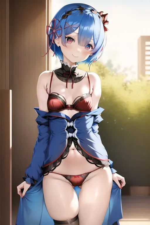 Rem from Re:Zero with short blue hair, Rom from Re:Zero with short red hair, (wearing red and blue bra), wearing red and blue panties, detailed pussy, ((small breasts)), thigh gap, seductive smile,