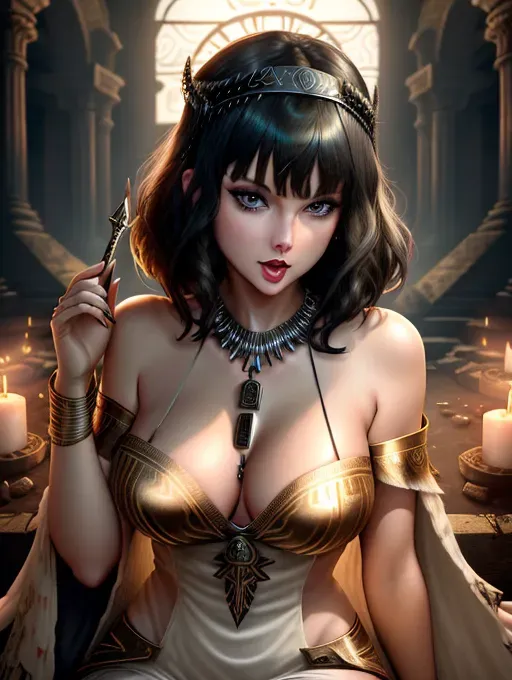 realistic HD photograph of, (((taylor swift)))((accurate face)), (((As a evil pagan priestess goddess)))((in an abandoned pagan temple))((wearing a split side scale print dress))(((wearing Bedlah))), very sexy pose,(((perky breasts))), (((mischievous facial expression))),(((short blunt bangs haircut)))(((black hair))), beautiful face, beautiful lips,detailed large eyes,curved eyebrows,cgsociety,cinematic lighting,studio lighting,professional,editorial,