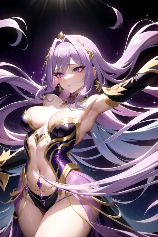 Top hourglass figure, Good Shoulders, Small waist, Big hips, Heart and oval face shape, Angular jaw, Elaborate and flowing hairstyle, long wavy hair cascading down, mix of purple and silver hues, intricate braids and twists adorned with decorative hairpins, hair moves gracefully with her movements emphasizing her elegance, Enchanting and theatrical attire, lavish flowing ballerina-like gown, dominant color palette of deep purples and silvers, incorporates metallic accents and shimmering fabrics, emphasis on fluidity and movement to evoke a dance-like appearance, Mysterious and captivating makeup, dark smoky eyeshadow with a touch of shimmer, long sweeping eyelashes that enhance her gaze, subtle shades of purple and silver on her lips and cheeks, glowing porcelain-like complexion with an air of elegance, pale,