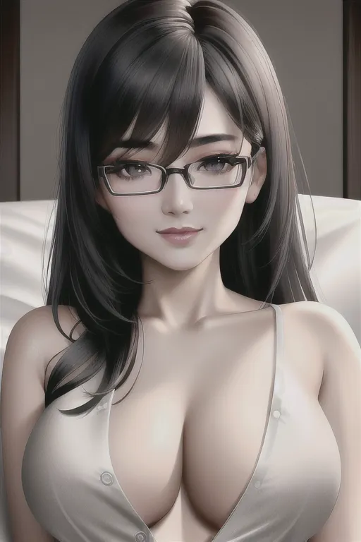((solo Lao Lady)),(masterpiece),(((8k high resolution photo))),((cinematic lighting)), ((((accurate detailed facial details)))), (beautiful detailed grey eyes), (beautiful detailed natural lips) ,natural eyebrows, ((lying naked in a cozy bed)), silver framed glasses, (neck length dark black hair), (natural boobs), smile, (pulled down creme color solid Button Front Shirt), close up