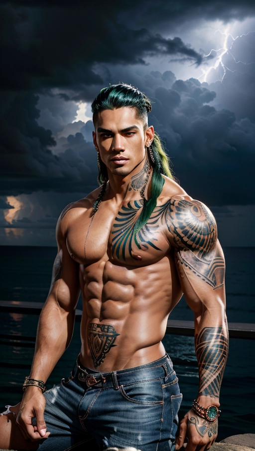 (seducer, Ultra-realistic photograph of a man with a dynamic expression, model is Polynesian descent, models hair is long and green, with green highlights, ((models physique is masculine body builder)), captured with a Fujifilm GFX 100 and a 110mm F2 lens. Photo realism, balanced studio lighting, capturing the drama and emotion in his intense gaze. Taken far from urban distractions, against the backdrop of a stormy sky with distant lightning, sunlight beam shining through clouds towards model. The intensity of his gaze mirrored in the brooding storm clouds with distant lightning. 64K resolution, HDR, highly detailed, RTX, cinematic lighting, SDXL 6.0, sitting seductively, slightly smiling, with perfectly tanned skin tone, body builder physique, intricate erotic poses, ((hands maximum quality)), ((hands and fingers ultra perfect)), ((ultra perfect anatomy)), ((maximum quality)), ((maximum anatomy quality)), wearing masculine gear, wearing faded blue jeans, black leather bracelet and watch, tattoos and body piercings, tattoos around the chest, tattoos around the ribs, tattoos around the shoulders, tattoos around the collar bone)