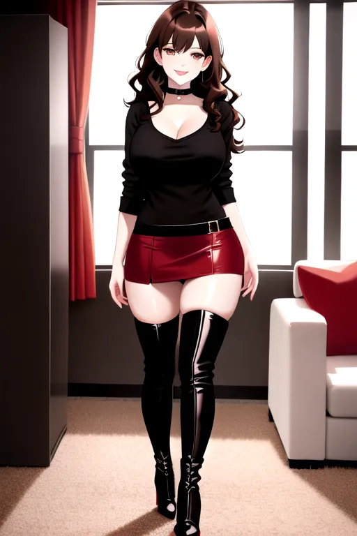thigh high socks, red top, black miniskirt, brown hair, choker, brown eyes, pale skin, giant breasts, boots, high heels, looking at viewer, walking across room, living room, 1girl, smiling, wavy hair, 8K, Full body photo