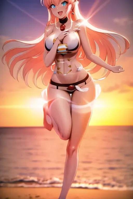 wide shot, 20 year old, an anime girl, insanely beautiful, naked, beach, sunset, studio light, happy, 8k, professional