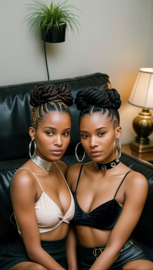 Capture the essence of youth and camaraderie with a selfie-style portrait of two girls from Suriname, showcasing their vibrant energy and strong bond. Both girls are in their late teens, with one sporting a dynamic Caesar cut and the other flaunting voluminous Bantu knots, embodying a mix of traditional and modern fashion aesthetics. They sit side by side on a vintage velvet couch, facing the camera directly this time. The girl with the Caesar cut has now accessorized with delicate, silver ear cuffs, adding a touch of elegance to her look, while the one with Bantu knots wears a bold, geometric-patterned choker that echoes the cyberpunk theme. They are draped in soft, pastel-colored fabrics, a stark contrast to their previous attire, creating a serene and cozy vibe. The room is dimly lit by string lights, casting a warm glow on their faces, highlighting their features and the soft smiles they share, showing a quieter side of their friendship. The camera, set on a tripod, captures this moment in a medium shot, focusing on their expressions and the intricate details of their accessories, using a lower aperture to create a soft background blur, emphasizing the tranquility of the scene., ((erected nipples)),<lora:yuri_kiss:1>, <lora:dpmg_imminent_fuck:1>