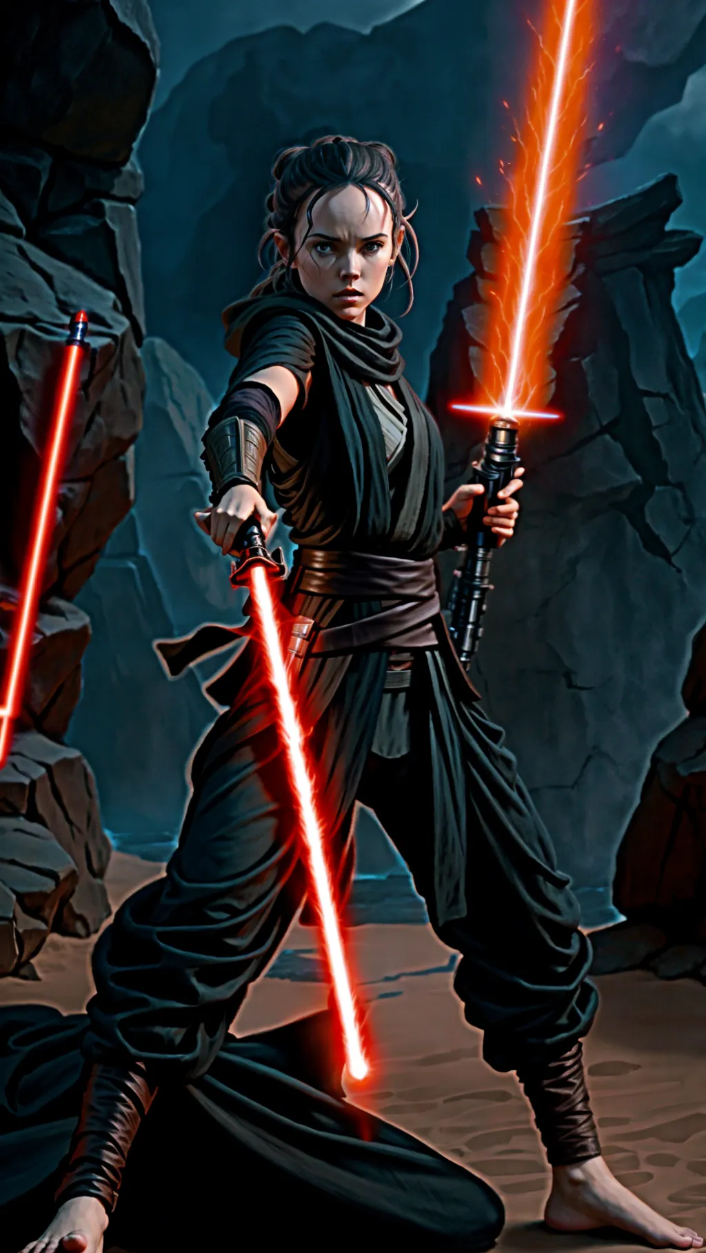 tan barefoot Sith Rey Skywalker wearing black Sith outfit while using a lightsaber to fight on Geonosis, barefoot, (long dark Sith warrior pants: 1.3), (tan skin: 1.2),