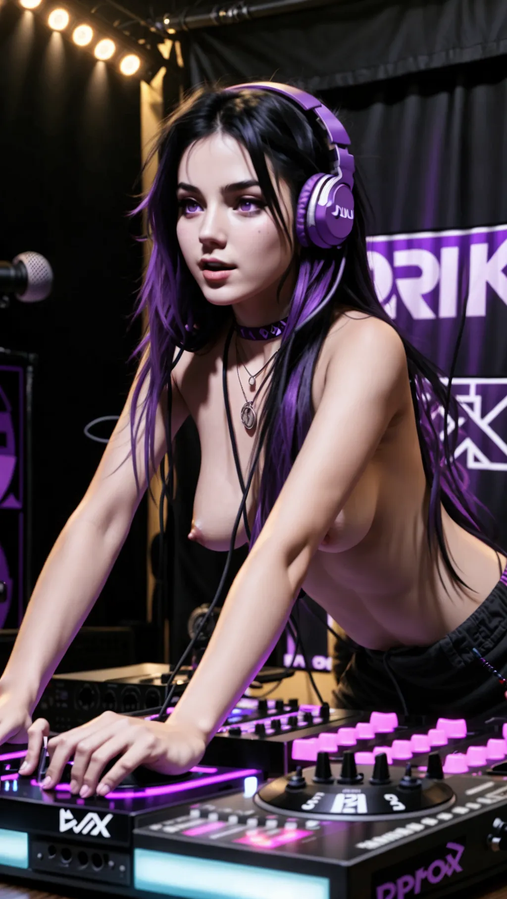 full-body image of a young hot topless barefoot punk DJ girl with an angular face and long black hair and purple nipples wearing black casual pants and headphones around her neck while spinning a DJ table at a party in front of a crowd of fully clothed people, sexy feet, purple nipples, purple nipples, purple nipples,