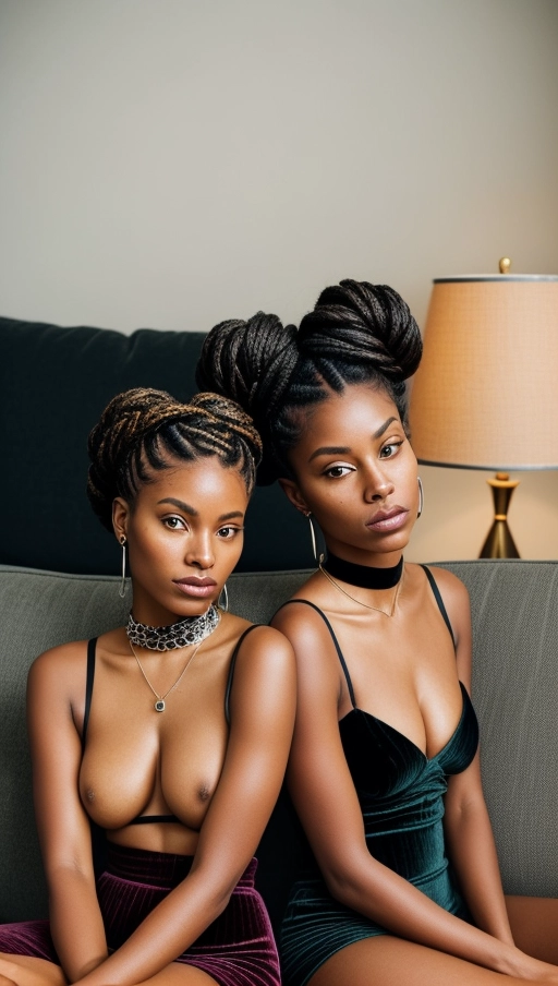 Capture the essence of youth and camaraderie with a selfie-style portrait of two girls from Suriname, showcasing their vibrant energy and strong bond. Both girls are in their late teens, with one sporting a dynamic Caesar cut and the other flaunting voluminous Bantu knots, embodying a mix of traditional and modern fashion aesthetics. They sit side by side on a vintage velvet couch, facing the camera directly this time. The girl with the Caesar cut has now accessorized with delicate, silver ear cuffs, adding a touch of elegance to her look, while the one with Bantu knots wears a bold, geometric-patterned choker that echoes the cyberpunk theme. They are draped in soft, pastel-colored fabrics, a stark contrast to their previous attire, creating a serene and cozy vibe. The room is dimly lit by string lights, casting a warm glow on their faces, highlighting their features and the soft smiles they share, showing a quieter side of their friendship. The camera, set on a tripod, captures this moment in a medium shot, focusing on their expressions and the intricate details of their accessories, using a lower aperture to create a soft background blur, emphasizing the tranquility of the scene., ((erected nipples)), <lora:dpmg_imminent_fuck:1.5>, lying flat