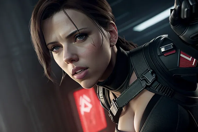 a concept art of,Scarlett Johansson, confident, in resident evil, in black tactical pants, black military armor, gun holsters, combat boots, five fingers per hand,ponytail,bangs,strong pose,charming face,beautiful lips, deep eyes,curved eyebrows,textured skin,cgsociety,8k,unreal engine,highly detailed,artstation, deviantart, cinematic, sharp image, centered, medium close up, 8k,studio lighting, head in frame, long neck, entire head in frame,hyper-realistic