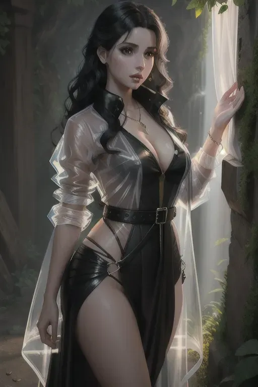 a digital painting of,mia sorvino,wearing transparent raincoat,all-fours,five fingers per hand,wavy curtain bang,beautiful face,beautiful lips,black eyes,curved eyebrows,pale skin,erotic,wearing necklace,unreal engine,smooth,pixiv,editorial,cgsociety