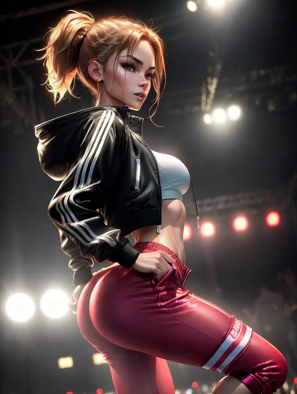 realistic HD photograph ((wide shot)), (((youthful katee sackhoff)))(((accurate face))),(((as a street dancer)))(((at a night rave))),(((sweating)))(((wearing cropped track jacket)))(((wearing baggy pants)))(((wearing running shoes)))((EVIL facial expression)), ((very sexy pose)),(((perky breasts))),(((dancing pose)))(((twerking)))(((slender athletic body))), five slender fingers,, beautiful face, beautiful lips,detailed large eyes,curved eyebrows,cgsociety,cinematic lighting,studio lighting,professional,editorial, (((POV from side)))