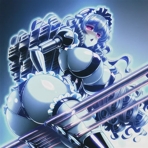 Robot French maid, legs spread apart, massive breasts, massive ass, exposed panties, frilly panties, (viewed from front), metallic silver skin, mechanical arms, mechanical legs, mechanical body, black hair, curly hair, robot, metal body, metal hair, black panties, ahegao