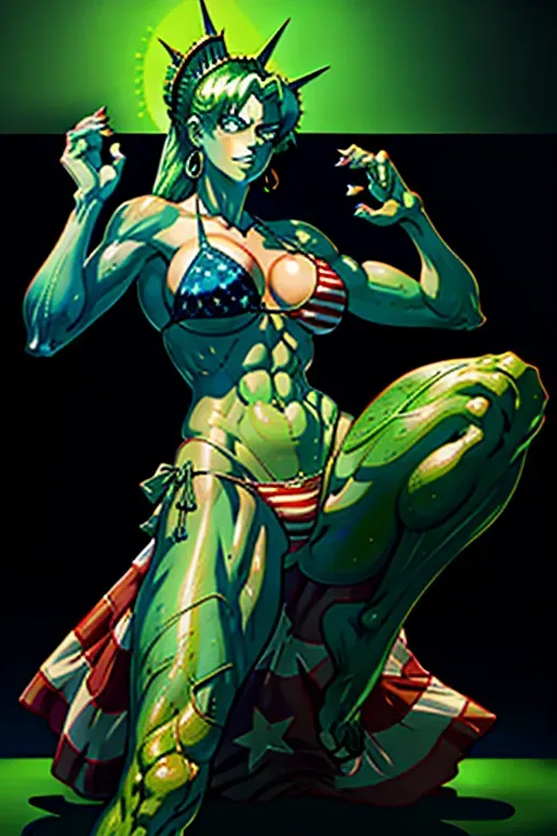 Lady Liberty stepping on a politician, American flag bikini, One Piece anime art style, green skin, erotic,
(((five fingers per hand))),two arms, two legs,erotic,(pixiv),best quality,masterpiece,(professional lighting),realistic abs, good anatomy, foot facing away