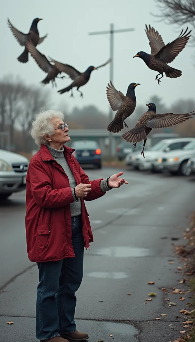 60 year old woman attacked by birds in a parking lot