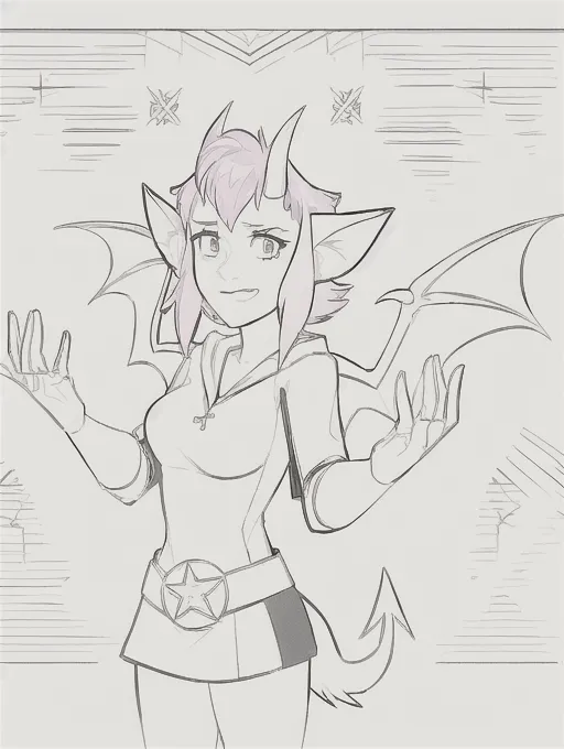 masterpiece, best quality, full face, half body, 1girl, solo, short_hair, horns, imp, smile, pink hair, tussled hair, blue hoodie tunic, belt with star long_gloves, mono lens goggles, lineart, bat wings, tail, centered in frame, dynamic, <lora:manga_lineart:1>