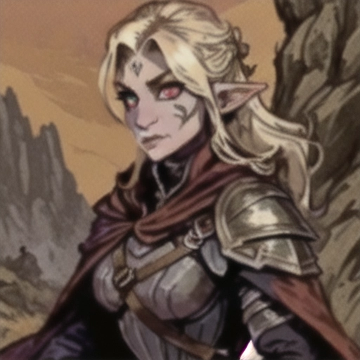 (masterpiece:1.2), (best quality), (ultra detailed), (8k, 4k, intricate),(full-body-shot:1), (highly detailed:1.2),(detailed face:1.2), (detailed background),detailed landscape, (dynamic pose:1.2), <lora:dpmg_sam_yang:1> 1 female elf ,solo, , tsundere, spider amulet, spider web tattoos on arms, tsundere, blonde colored hair , warpaint on face under eyes , dark purple spider like war paint face paint lines from eyes, , trench warrior coat , medium length messy mullet hairstyle , elf only , caucasian skintone skin color, half elf, half drow, elf ,detailed landscape, solo , pointy elf ears, looking at camera , red drow eyes , red bright determined eyes , red eyes, long striped ranger coat , warrior fighter coat , warrior, knight , lady knight , mercenery armor, red cape, masterpiece, dungeons and dragons , anime style, sunrise, scouting valley background,
