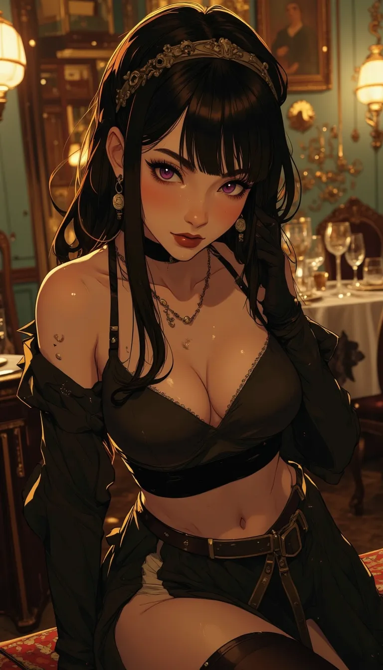 Anime style. 1boy, Serena, SerenaRH, very long straight black hair, brown eyes, gorgeous lips, dark lips, medium perky breasts, perfect body, large hips, fit body, thick thighs, 1g0r, Dutch angle, earrings, elegant, makeup, fancy party room, indoor, golden details, dramatic light, face closeup, parted lips, makeup, abs, solo, parted lips, shiny skin, sweat, brown hair, toned, brown eyes, big breasts, braid, muscular male, black hair, long hair, looking at viewer, indoors, easynegative, FMAB_Envy, 1boy, solo, long hair, black hair, purple eyes, slit pupils, headband, crop top, bare shoulders, midriff, gloves, fingerless gloves, skirt, side slit, bike shorts under skirt, bike shorts, toeless legwear, leg tattoo, 1femboy, on knees