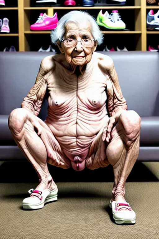 (great grandmother),(85 years old),(naked),(saggy wrinkled skin),(brunet hair),(slutty),(shoe store),(very surprised expression)(squatting),(bottomless nude)