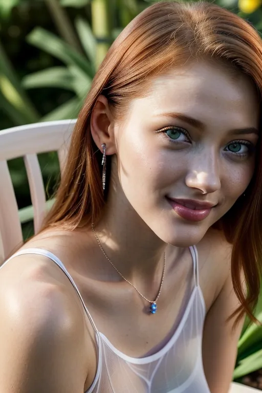 Professional full color extreme closeup macro photo of a gorgeous thin 18 year old skinny redhead girl, (((verdant irises))), ((wearing a sheer white semitransparent translucent see-through cropped t-shirt)),((large natural breasts)), lipstick , eyeliner, earrings, diamond necklace, bracelet, four slender fingers and one thumb on each hand, ((((leaning towards camera)))),(((extreme closeup macro photo pov her lips))), ((actively seducing me)), ((((leaning in to kiss me)))), (((looking at my lips))),((expression of overwhelming sexual desire)), ((((leaning towards the camera)))),((((leaning towards me to kiss me)))),((((looking into camera)))), ((((sexually provocative smile)))), (((expression of intense sexual desire))), ((expression of overwhelming sexual desire)), (expression of lust), ((flirting)), (seductive sexually aggressive expression), sexually excited, sitting next to me in a chair outside on a patio