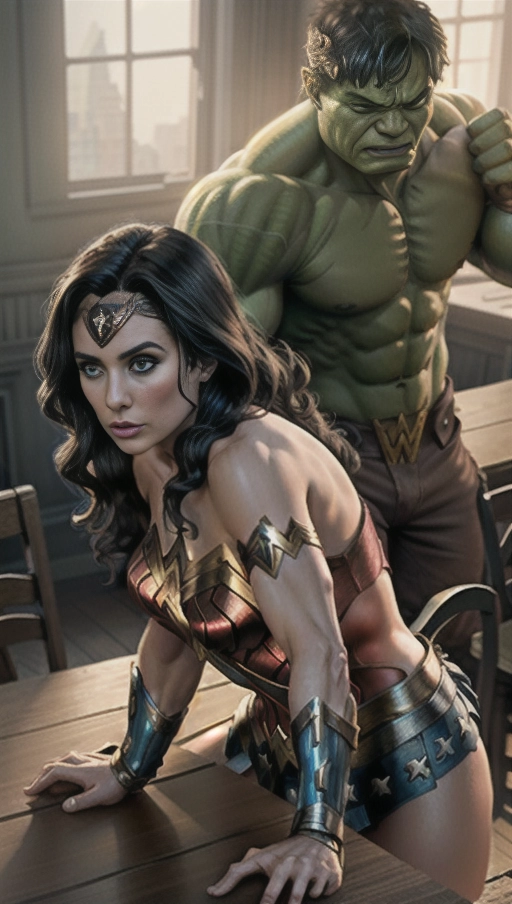 Half naked Wonder Woman bending over a table and the Hulk fucks her from behind,