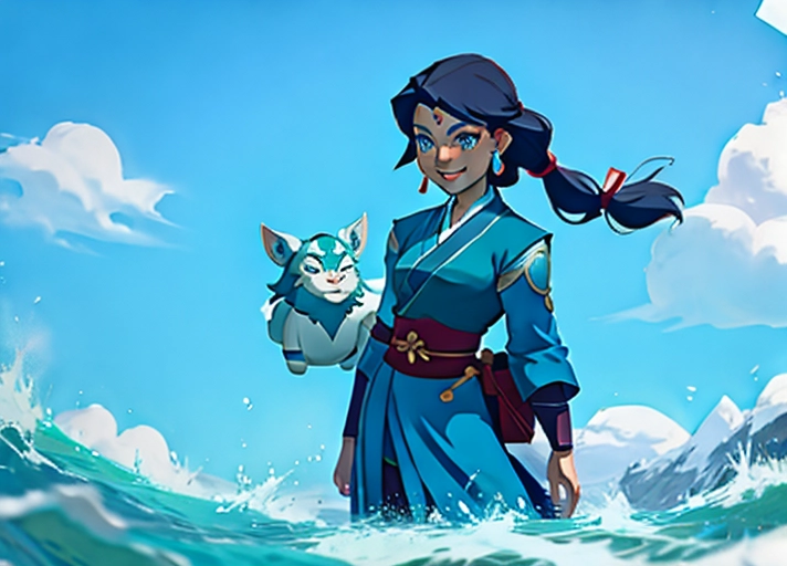 Cartoon, drawn in the style of Avatar the Last Airbender, Katara in her water tribe attire, smiling at the camera