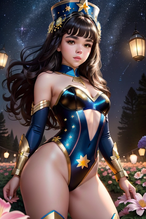 Colour picture of a young Hailee Steinfeld, ((accurate face)), in a flower garden at night, starry sky, lit by lanterns, elaborate blue and gold patterned leotard, beautiful face, dark hair, standing, fit, highly detailed, correct human anatomy, looking at viewer, front, closeup,
