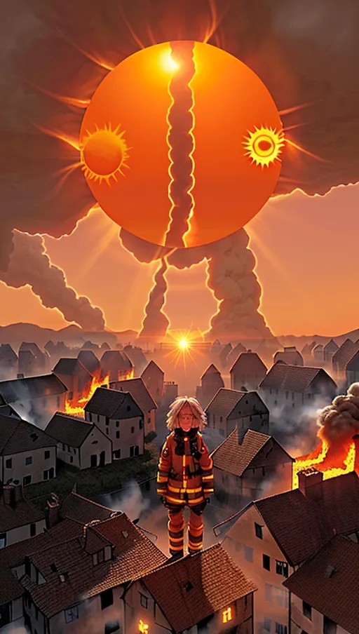 (the sun in the sky has a giant vertical pupil),
(The village beneath is on fire),
