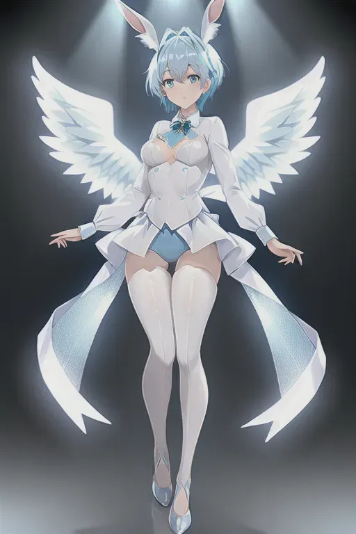 high quality, detailed, bunny girl, angel wings, short light blue hair, medium sized chest, perfect figure, blue eyes, hotpants, white long sleeve shirt, wide shot, full body visible
