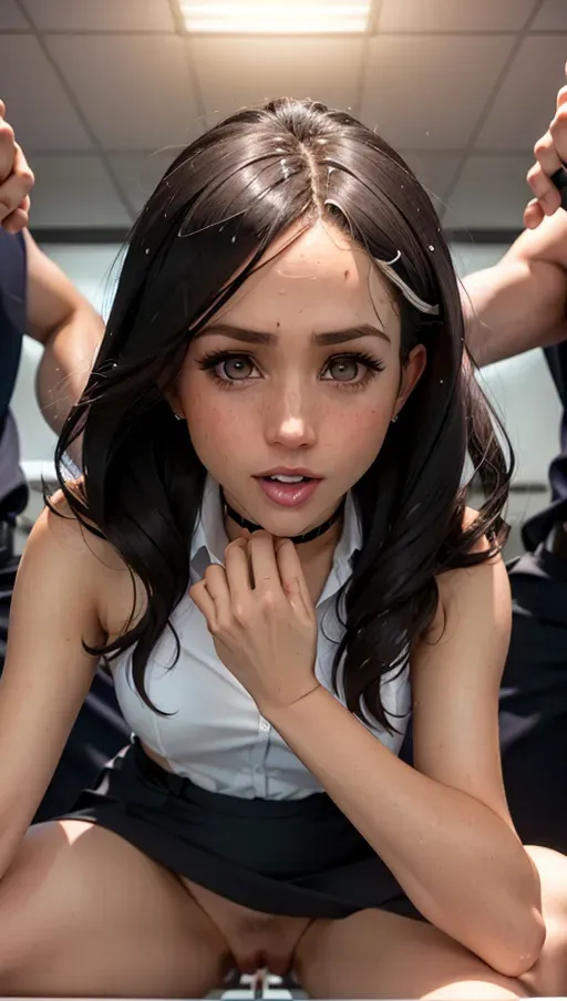 Insanely cute girl Meghan Markle sitting naked in a office, locker, legs open, exposed pussy, boys are in her, she is wet, mmf, gangbang, blowbang, sex, threesome, foursome, chocker, office,
